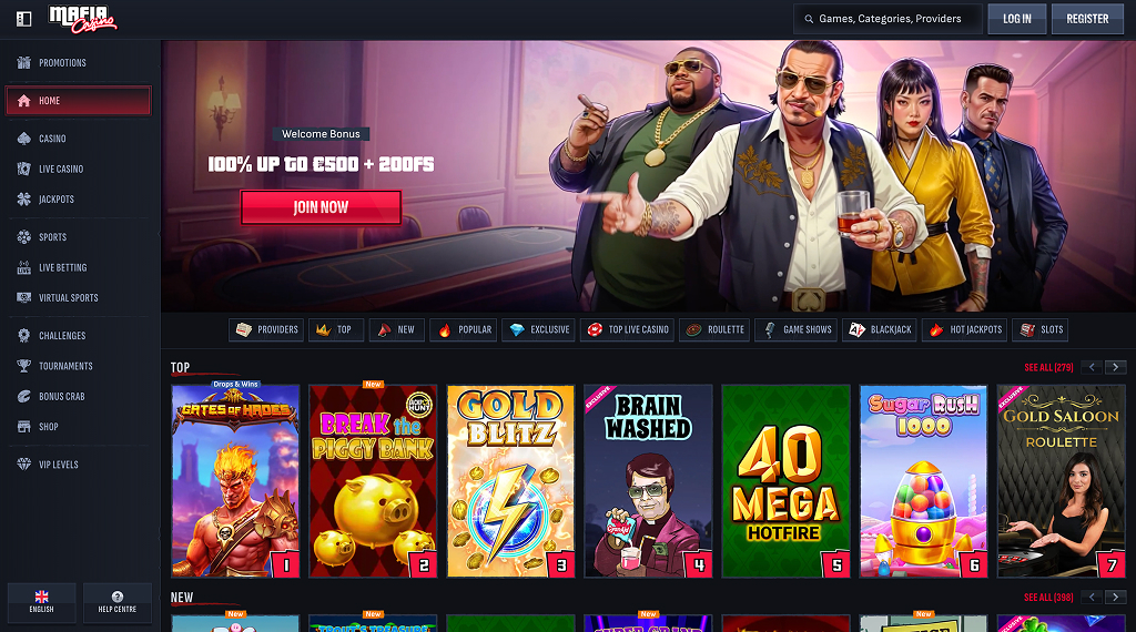 Mafiacasino Lobby – Übersicht der Hauptseite mit Slots, Live-Casino und Welcome Bonus